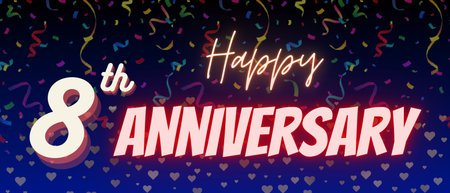 8th anniversary poster banner in dark blue gradient background. Eighth anniversary or birthday celebration with confetti element.の写真素材