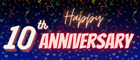 10th year anniversary celebration background. Happy tenth anniversary, birthday poster with confetti element and neon light text.の写真素材
