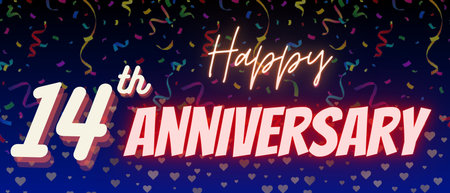 Happy 14th anniversary template background. Confetti with neon text on blue gradient background.の写真素材