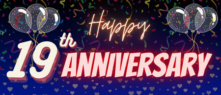 Happy 19th anniversary banner. Neon text nineteenth anniversary celebration greeting template design with confetti and balloons.の写真素材