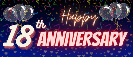 18th anniversary template background. Confetti and neon text with eighteenth anniversary celebration greeting banner background.の写真素材