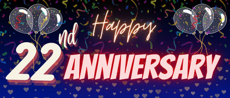 22nd anniversary celebration with calligraphy text background. Birthday and anniversary banner, balloon, confetti and gradient backgroundの写真素材