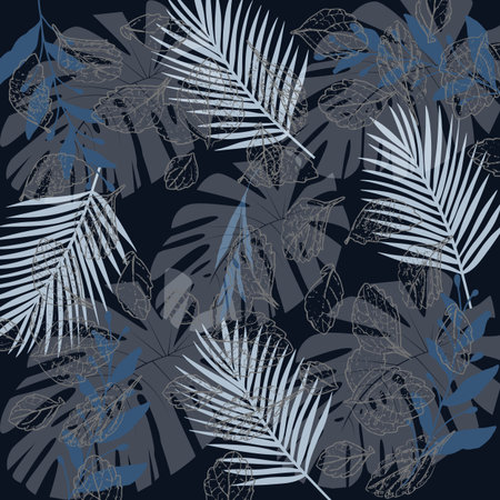 Tropical leaves grunge wallpaper abstract dark jungle seamless patternの写真素材