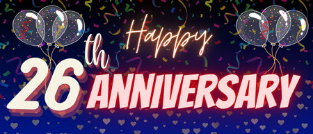 26th anniversary neon calligraphy text and number. Confetti and balloons isolated on elegant blue gradient background, sparkle, design for greeting card and invitation. Twenty sixth anniversaryの写真素材