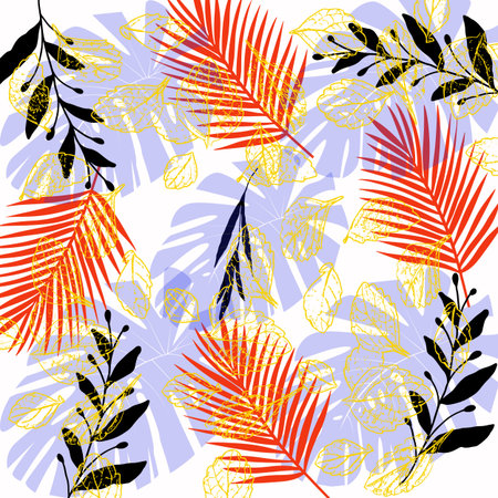 Exotic, vibrant botanical leaves background illustration. Seamless drawing with colorful tropical leaf. Various colour and design leave patternの写真素材