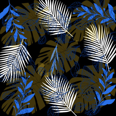 Fashionable seamless tropical pattern with bright plants and leaves background illustrationの写真素材
