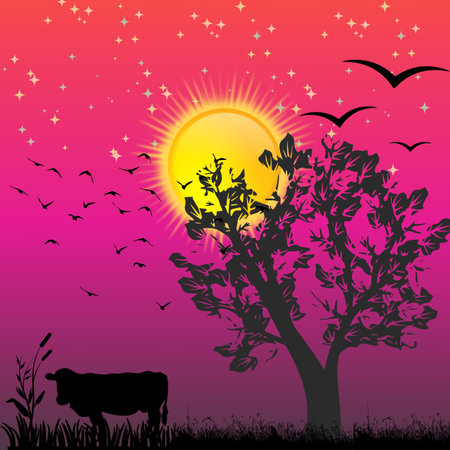 Beautiful and unique painting of sunset nature. Evening scene with sun, stars, tree, animal grass, birds and attractive skyの写真素材
