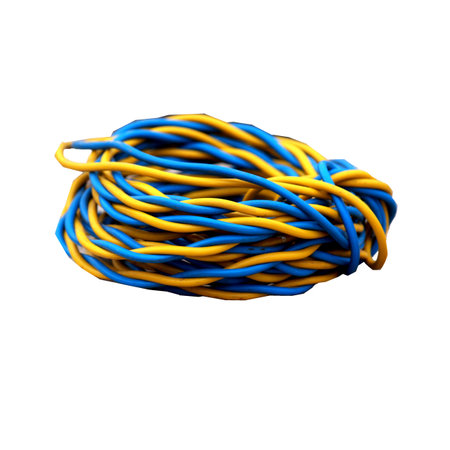 A bunch of yellow and blue colour electric wire over white background.の写真素材