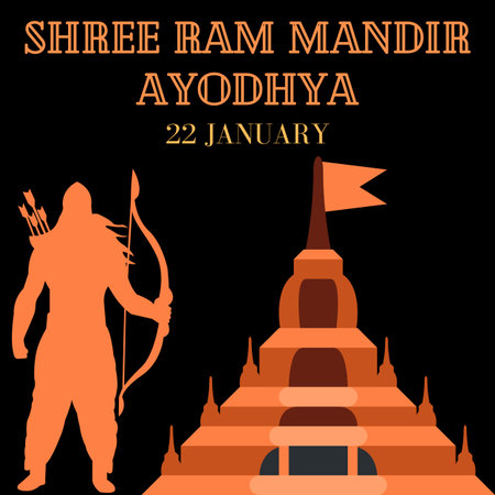 Shri Ram Janmbhoomi Teerth Kshetra Ram Mandir in Ayodhya. Lord Ram birth place. 22 JANUARY 2024 inauguration banner.の写真素材