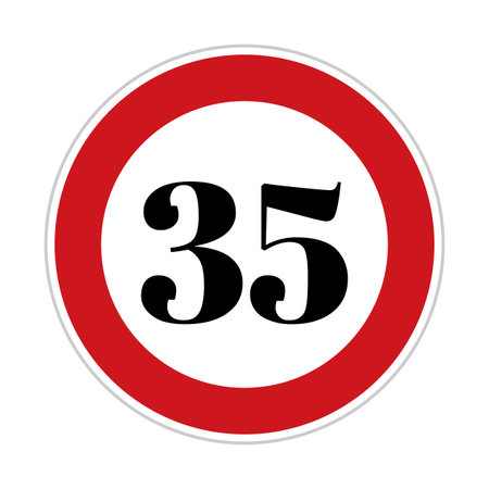 35 kmph or mph speed limit sign icon. Road side speed indicator safety element. Thirty five speed sign flat isolated on white backgroundの写真素材