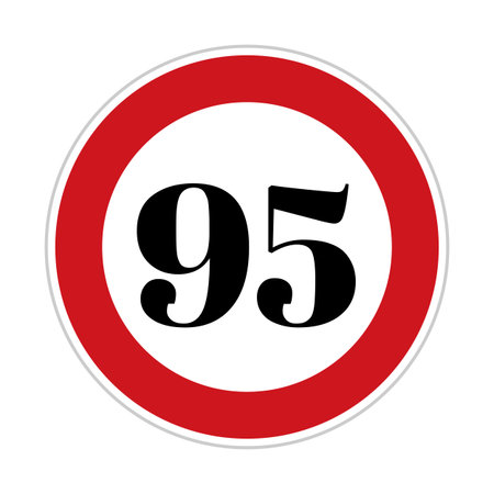 95 kmph or mph speed limit sign icon. Road side speed indicator safety element. Ninety five speed sign flat isolated on white backgroundの写真素材