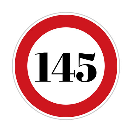 145 kmph or mph speed limit sign icon. Road side speed indicator safety element. one hundred and forty five speed sign flat isolated on white backgroundの写真素材