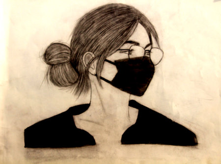 Sketch of a beautiful girl who wear black dress, black mask and goggle. She tied hair. Wonderful hand drawn art of humanの写真素材