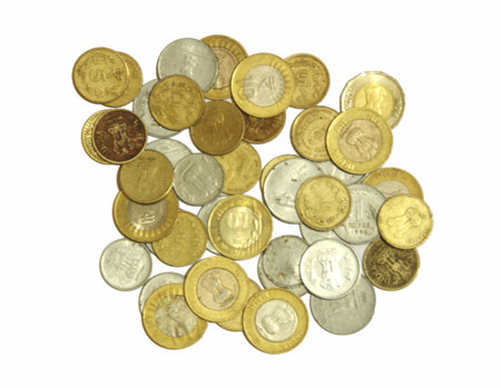 Collection of all India circulating coins set isolated on white background. Close up of Indian current currency coinsの写真素材