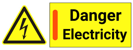 Danger Electrical Hazard Sign With Text Isolated yellow background. Danger Electrical Hazard Sign in triangle With black letters Text. A horizontal sign board for warningの写真素材