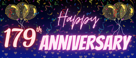 179th anniversary neon calligraphy text and number. Confetti and balloon isolated on elegant blue...