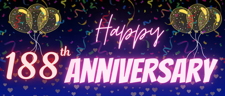 188th anniversary neon calligraphy text and number. Confetti and balloon isolated on elegant blue gradient background, sparkle, design for greeting card, print. One hundred eighty eight anniversaryの写真素材