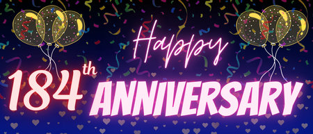 184th anniversary neon calligraphy text and number. Confetti and balloon isolated on elegant blue gradient background, sparkle, design for greeting card, print. one hundred eighty four anniversaryの写真素材