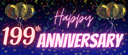 199th anniversary neon calligraphy text and number. Confetti and balloon isolated on elegant blue gradient background, sparkle, design for greeting card, print. one hundred ninety nineの写真素材