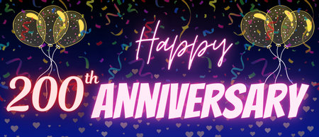 200th anniversary neon calligraphy text and number. Confetti and balloon isolated on elegant blue gradient background, sparkle, design for greeting card, print. Two hundredthの写真素材