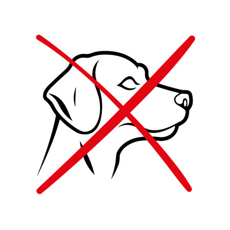 No dogs allowed sign. Double cross on fog face over white background. Pets ban sign. Red cross sign on dog portrait. Dogs ban isolated banner.の写真素材