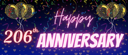 206th anniversary neon calligraphy text and number. Confetti and balloon isolated on elegant blue gradient background, sparkle, design for greeting card, print. Two hundred sixの写真素材