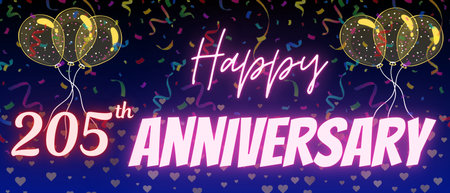205th anniversary neon calligraphy text and number. Confetti and balloon isolated on elegant blue gradient background, sparkle, design for greeting card, print. Two hundred fiveの写真素材