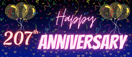 207th anniversary neon calligraphy text and number. Confetti and balloon isolated on elegant blue gradient background, sparkle, design for greeting card, print. Two hundred sevenの写真素材