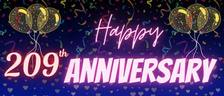 209th anniversary neon calligraphy text and number. Confetti and balloon isolated on elegant blue gradient background, sparkle, design for greeting card, print. Two hundred nineの写真素材