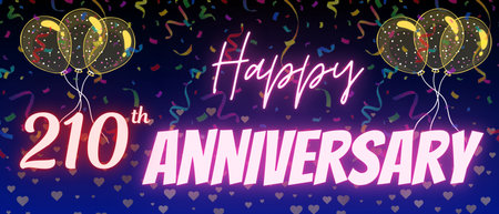 210th anniversary neon calligraphy text and number. Confetti and balloon isolated on elegant blue gradient background, sparkle, design for greeting card, print. Two hundred tenの写真素材