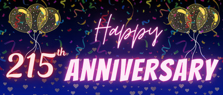 215th anniversary neon calligraphy text and number. Confetti and balloon isolated on elegant blue gradient background, sparkle, design for greeting card, print. Two hundred fifteenの写真素材