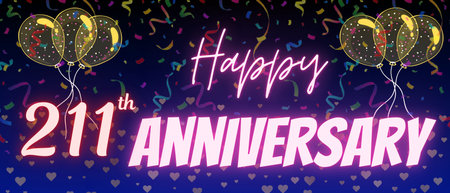 211th anniversary neon calligraphy text and number. Confetti and balloon isolated on elegant blue gradient background, sparkle, design for greeting card, print. Two hundred elevenの写真素材