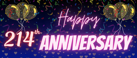 214th anniversary neon calligraphy text and number. Confetti and balloon isolated on elegant blue gradient background, sparkle, design for greeting card, print. Two hundred fourteenの写真素材