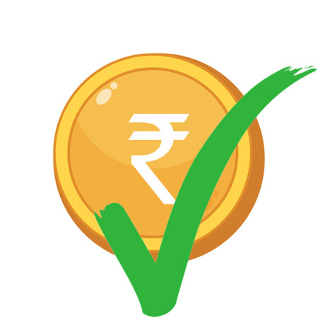 Indian rupee coin with green right tick. Right tick on indian rupee yellow coin on white background. It's showing Indian currency acceptable.の写真素材