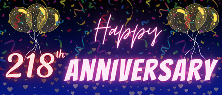 218th anniversary neon calligraphy text and number. Confetti and balloon isolated on elegant blue gradient background, sparkle, design for greeting card, print. Two hundred eighteenの写真素材