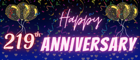 219th anniversary neon calligraphy text and number. Confetti and balloon isolated on elegant blue gradient background, sparkle, design for greeting card, print.の写真素材