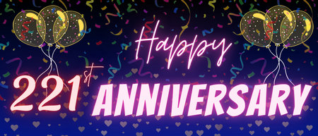 221st anniversary neon calligraphy text and number. Confetti and balloon isolated on elegant blue gradient background, sparkle, design for greeting card, print. Two hundred twenty oneの写真素材