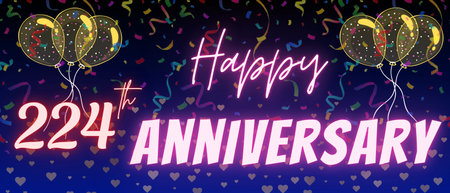 224th anniversary neon calligraphy text and number. Confetti and balloon isolated on elegant blue gradient background, sparkle, design for greeting card, print. Two hundred twenty four anniversaryの写真素材