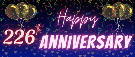 226th anniversary neon calligraphy text and number. Confetti and balloon isolated on elegant blue gradient background, sparkle, design for greeting card, print. Two hundred twenty six anniversaryの写真素材