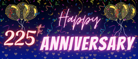 225th anniversary neon calligraphy text and number. Confetti and balloon isolated on elegant blue gradient background, sparkle, design for greeting card, print. Two hundred twenty five anniversaryの写真素材