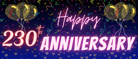 230th anniversary neon calligraphy text and number. Confetti and balloon isolated on elegant blue gradient background, sparkle, design for greeting card, print. Two hundred thirty anniversaryの写真素材