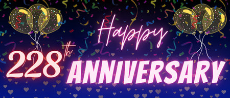 228th anniversary neon calligraphy text and number. Confetti and balloon isolated on elegant blue gradient background, sparkle, design for greeting card, print. Two hundred twenty eight anniversaryの写真素材