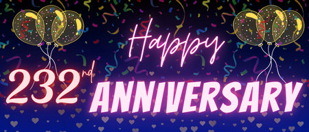 232nd anniversary neon calligraphy text and number. Confetti and balloon isolated on elegant blue gradient background, sparkle, design for greeting card, print. Two hundred thirty two anniversaryの写真素材