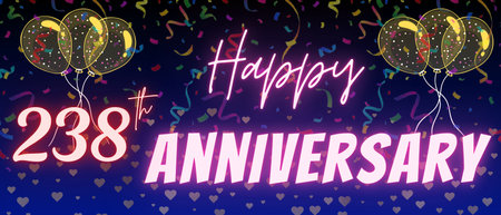 238th anniversary neon calligraphy text and number. Confetti and balloon isolated on elegant blue gradient background, sparkle, design for greeting card, print. Two hundred thirty eight anniversaryの写真素材