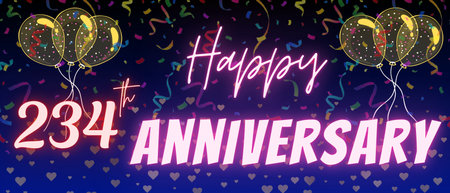 234th anniversary neon calligraphy text and number. Confetti and balloon isolated on elegant blue gradient background, sparkle, design for greeting card, print. Two hundred thirty four anniversaryの写真素材
