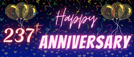 237th anniversary neon calligraphy text and number. Confetti and balloon isolated on elegant blue gradient background, sparkle, design for greeting card, print. Two hundred thirty seven anniversaryの写真素材