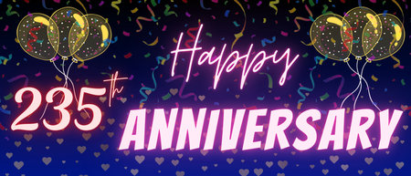235th anniversary neon calligraphy text and number. Confetti and balloon isolated on elegant blue gradient background, sparkle, design for greeting card, print. Two hundred thirty five anniversaryの写真素材