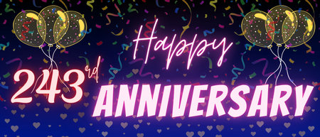 243rd anniversary neon calligraphy text and number. Confetti and balloon isolated on elegant blue gradient background, sparkle, design for greeting card, print. Two hundred forty three anniversaryの写真素材