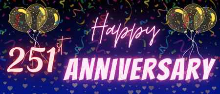 251st anniversary neon calligraphy text and number. Confetti and balloon isolated on elegant blue gradient background, sparkle, design for greeting card, print. Two hundred fifty first anniversaryの写真素材