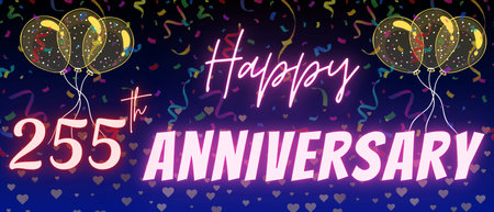 255th anniversary neon calligraphy text and number. Confetti and balloon isolated on elegant blue gradient background, sparkle, design for greeting card, print. Two hundred fifty five anniversaryの写真素材